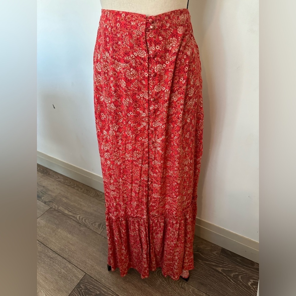 Cristina B Orange Red Floral Button Front Tiered Ruffle Maxi Skirt SZ  L
